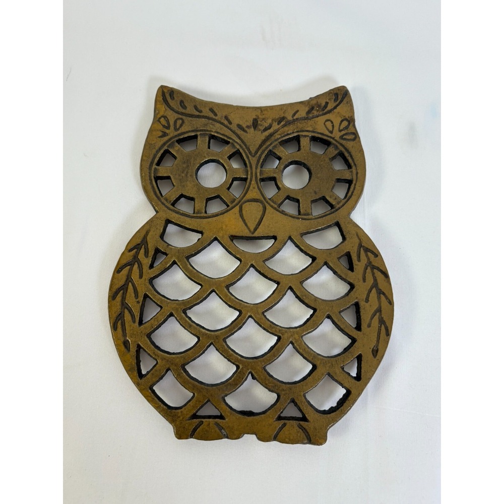 Vintage Large Owl Trivet Cast Iron Gold Tone Measures 9"Or use As Wall Decor MCM